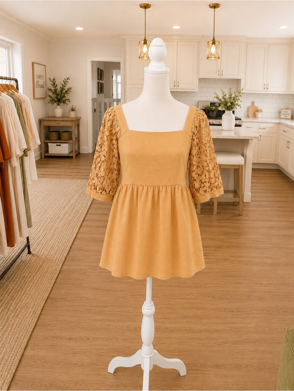 White Birch Small Camel Linen Blend Lace Sleeve Babydoll Top Boutique